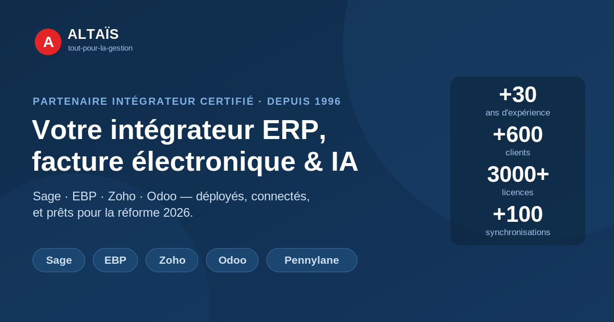 Partenaire intégrateur certifié · Organisme de formation Qualiopi · Direction stable depuis près de 30 ans · Présence Orléans, Paris et DOM-TOM. Éditeurs & outils synchronisés : Sage 100, Sage Expérience, EBP, Zoho, Pennylane, Cegid, Tedd & Esker, sites web.<br />
