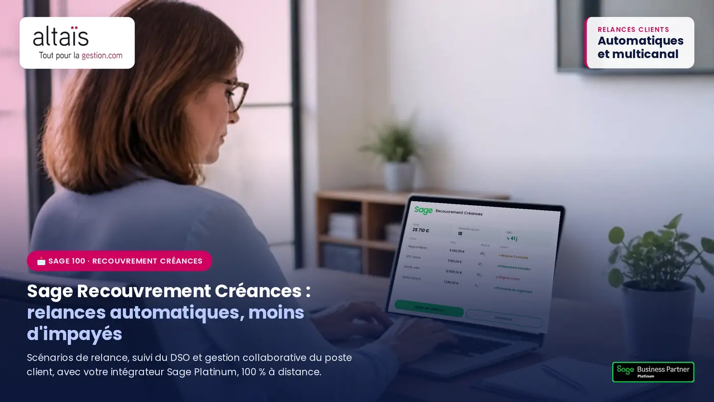 Sage Recouvrement Créances : tableau de bord des relances clients, montants échus, DSO et scénarios de relance automatique